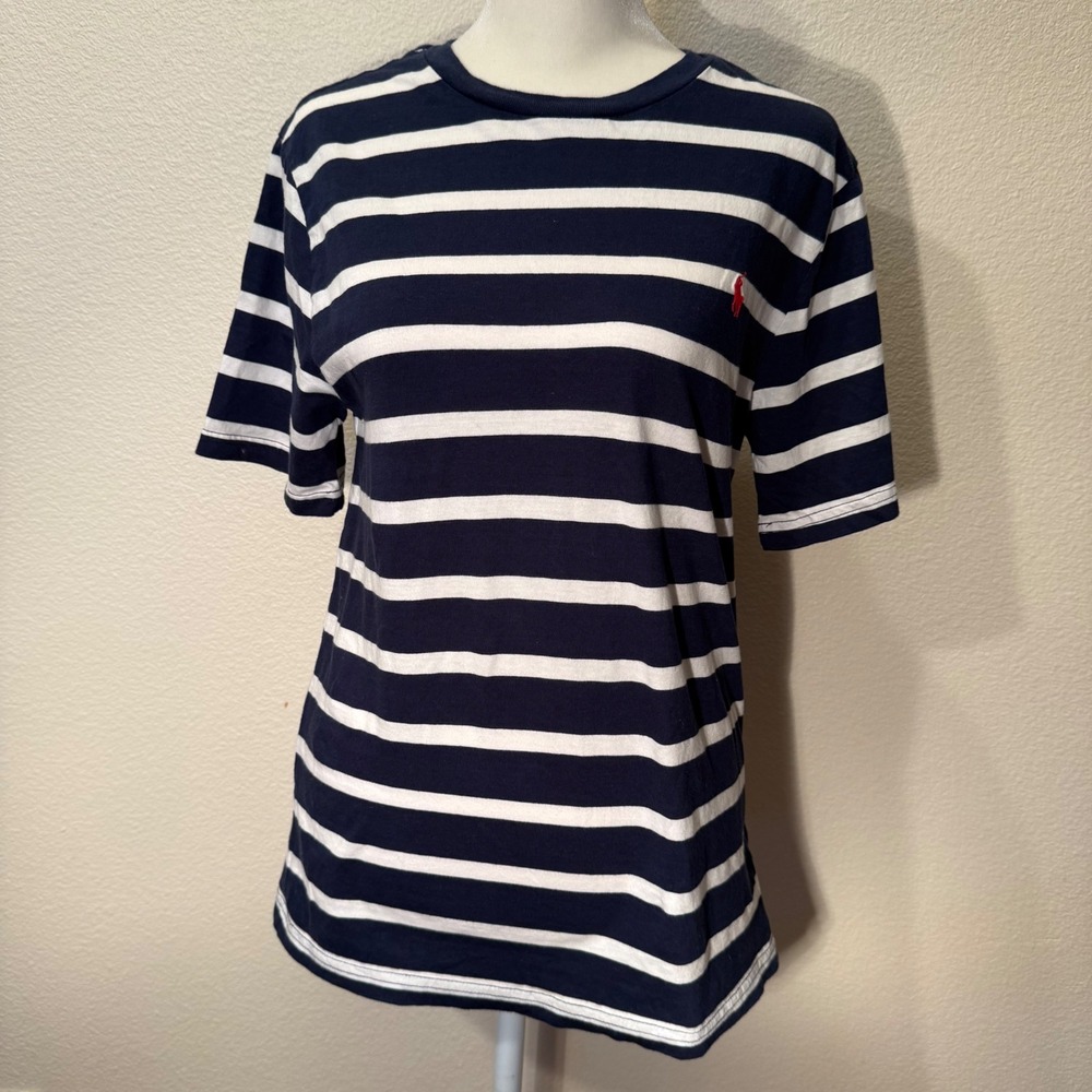Polo Ralph Lauren Boys L 14-16 Striped T-Shirt Navy Blue White Pony Logo
